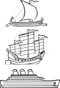 Royalty Free Clipart Image of Three Different Types of Ships
