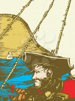 Royalty Free Clipart Image of Blackbeard on His Ship