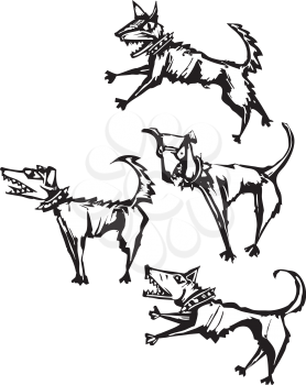 Royalty Free Clipart Image of Four Angry Dogs