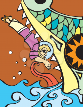 Royalty Free Clipart Image of the Biblical Jonah Diving Into a Whale