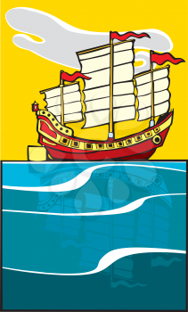 Royalty Free Clipart Image of a Chinese Ship Sailing