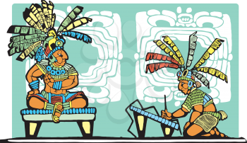 Royalty Free Clipart Image of a Mayan King Being Scribed