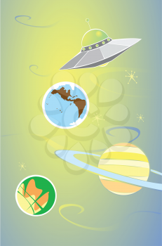 Royalty Free Clipart Image of a Flying Saucer in Space