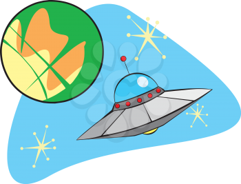 Royalty Free Clipart Image of a Flying Saucer Near Mars
