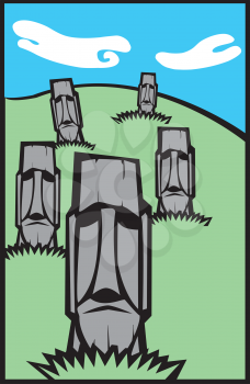 Royalty Free Clipart Image of a Group of Mixed Styled Easter Island Moai Heads