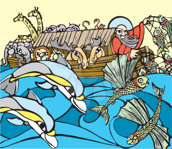 Royalty Free Clipart Image of Noah in the Ark With Animals