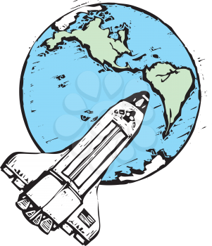 Royalty Free Clipart Image of a Space Shuttle Above Earth