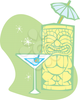Royalty Free Clipart Image of a Tiki Head With a Martini