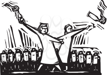 Royalty Free Clipart Image of Two Women Throwing Molotov Cocktails 