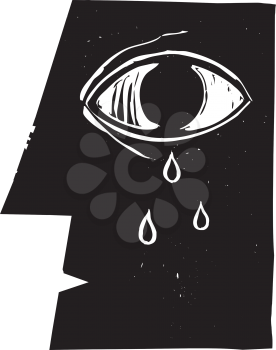 Profile woodcut style image of a crying eye with tears.