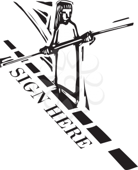 Person walking a tightrope on the dotted line of a contract