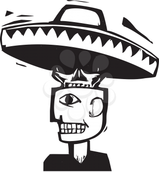 Skull wearing a sombrero emerging from inside a man's head.