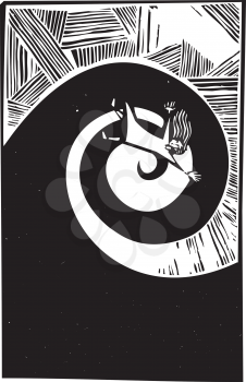 Woman falling into a spiral in woodcut style.