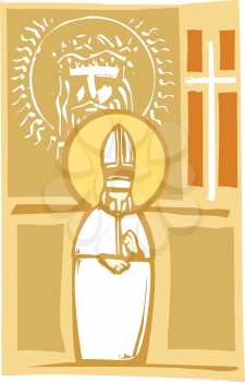Woodcut style image of the Catholic Pope with Cross and Christ