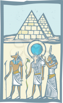 Anubis and Horus with Pyramids Egyptian hieroglyph in woodcut style.