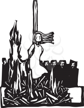 Expressionist woodcut style Woman,Saint or Witch being burned at the stake being watched by a crowd.