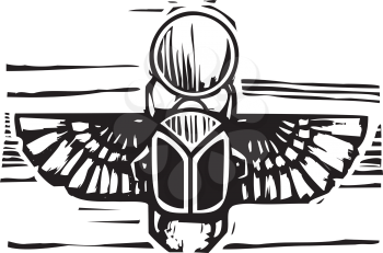 Woodcut style an Egyptian winged scarab beetle holding the sun.