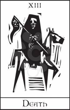 Woodcut expressionist style Tarot card for death number thirteen.