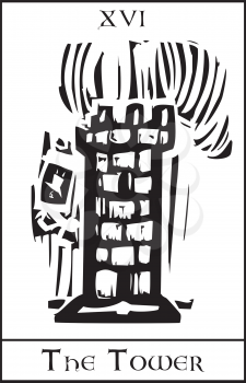 Woodcut expressionist style Tarot card for the number 16 the tower.