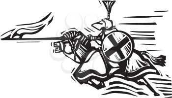 Woodcut expressionist style image of a jousting knight