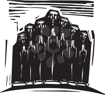 Woodcut expressionist style image of a religious choir.