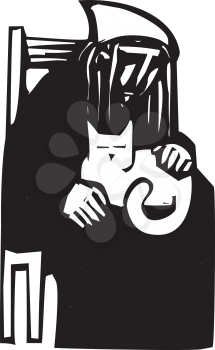 Woodcut style image with an old woman holding a cat in her lap