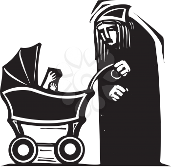 Woodcut style old woman pushing an infant in a baby carriage
