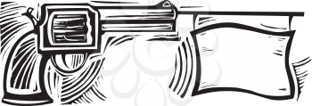 Woodcut style image of a joke pistol with a flag.