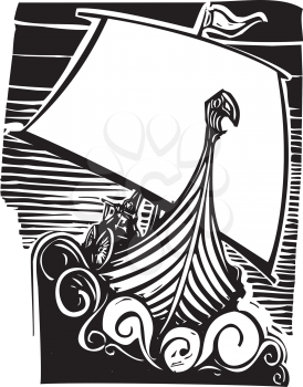 Woodcut style image of a viking longship sailing into the waves at night.