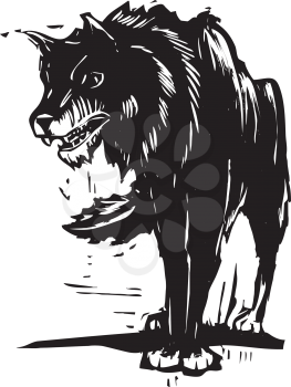 Woodcut style image of a big black wolf.