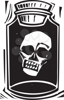Woodcut style image of the head of a zombie being kept in a bottle.