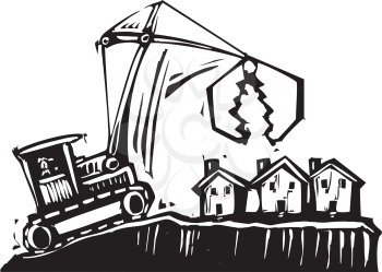 Woodcut style image of a crane getting ready to demolish small houses.