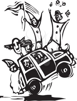 Woodcut stye image of clowns in a tiny car.