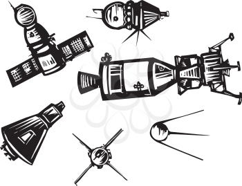 Woodcut style set of historical Soviet Russian and American NASA Spaceships.