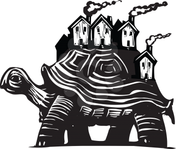 Royalty Free Clipart Image of a Woodcut Turtle With Houses on Its Back
