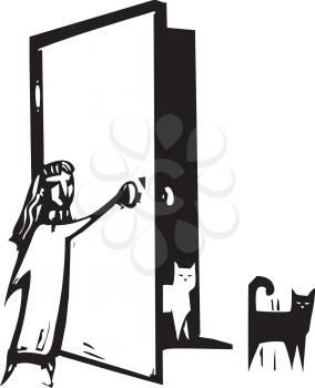 Royalty Free Clipart Image of a Girl Opening a Door for Cats