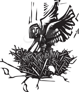 Woodcut style image of an winged angel waking up in a bird's nest.