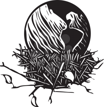 Woodcut style image of the Earth resting in a birds nest.
