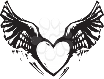 Black and White Woodcut style image of a heart with wings.