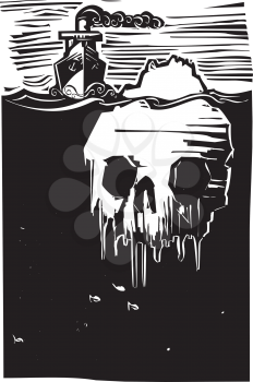 Woodcut style image of a steam ship approaching an iceberg in the shape of a skull.