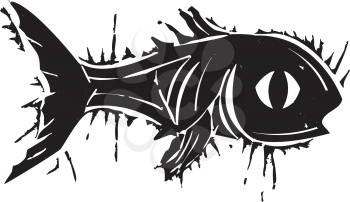 Woodblock style print of fish with a big eye.