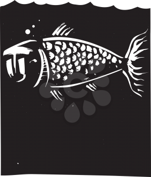 Woodcut style image of a fish with a human face
