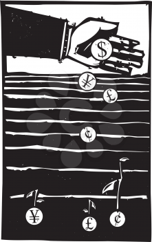 Woodcut style expressionist image of a bankers hand planting coins in a field growing money.