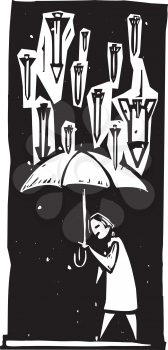 Woodcut style image of missiles raining down from a stormy sky over a person with an umbrella