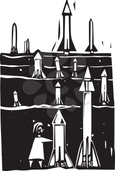 Woodcut style image of field of missiles being grown or set up.