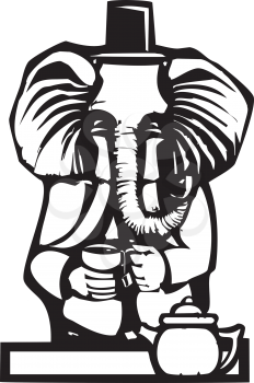 Woodcut style image of a an elephant in human clothes having tea.