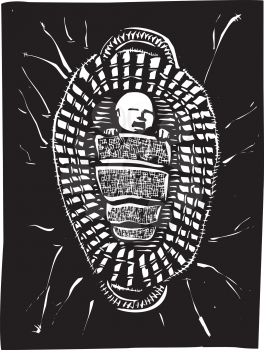 Woodcut style image of the baby Biblical Prophet Moses floating in a basket.