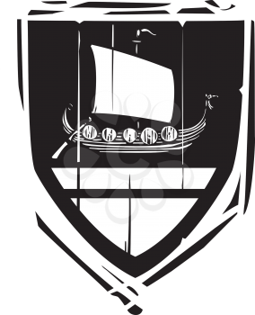 Woodcut style Heraldic Shield with a Viking Longship