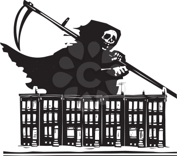 Woodcut style image of death with a scythe over Baltimore row homes.