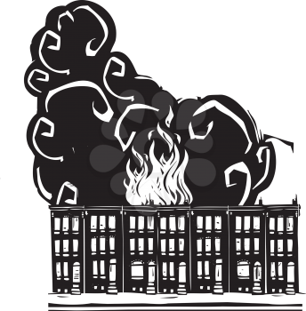 Woodcut style image of a burning Baltimore Row home.